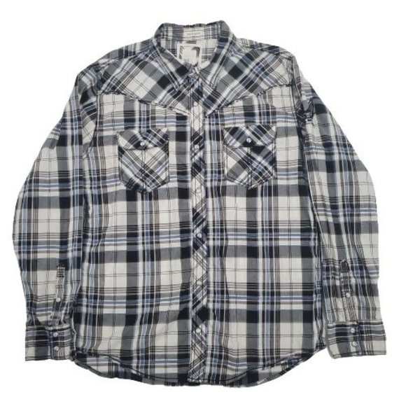 BKE Men's Slim Fit Stretch Blue/Gray Plaid Snap Front Long Sleeve Shirt X-Large - Picture 2 of 12